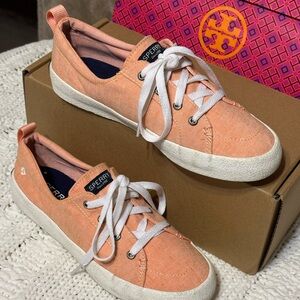 Sperry peach sneakers shoes women 8 memory foam canvas boat shoe pink white lace